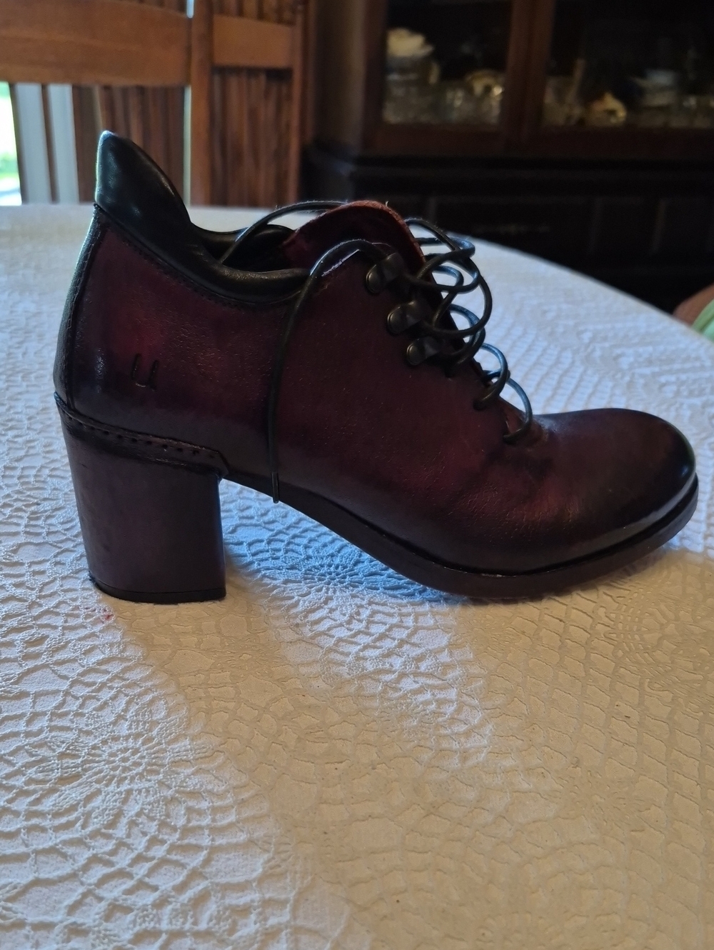 Lace-Up Burgundy Leather Block Heel Oxford